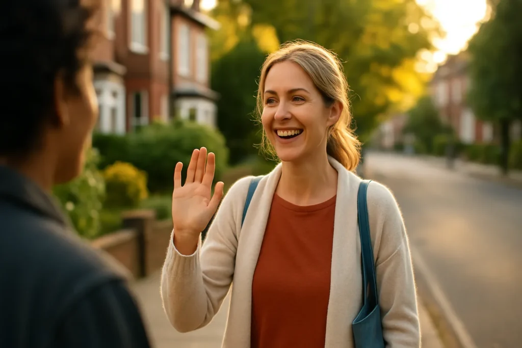 woman smiling and lifting her hand in greeting as she says hello to a neighbour on a quiet sunlit street