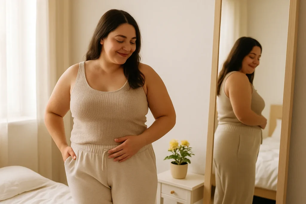 A woman with a natural, curvy body smiling softly at her reflection in a full-length mirror, symbolizing body acceptance instead of punishing herself for not looking like a filtered photo.
