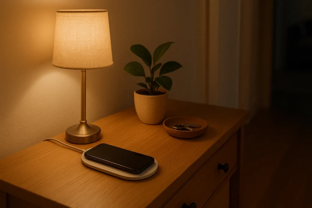Hallway console with a smartphone face down on a wireless charger beside a small plant and keys tray (1600×900).
