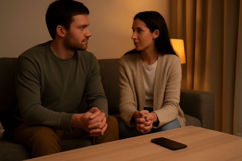 partners giving each other full attention with a phone facedown on the coffee table, warm lamplight, focused body language