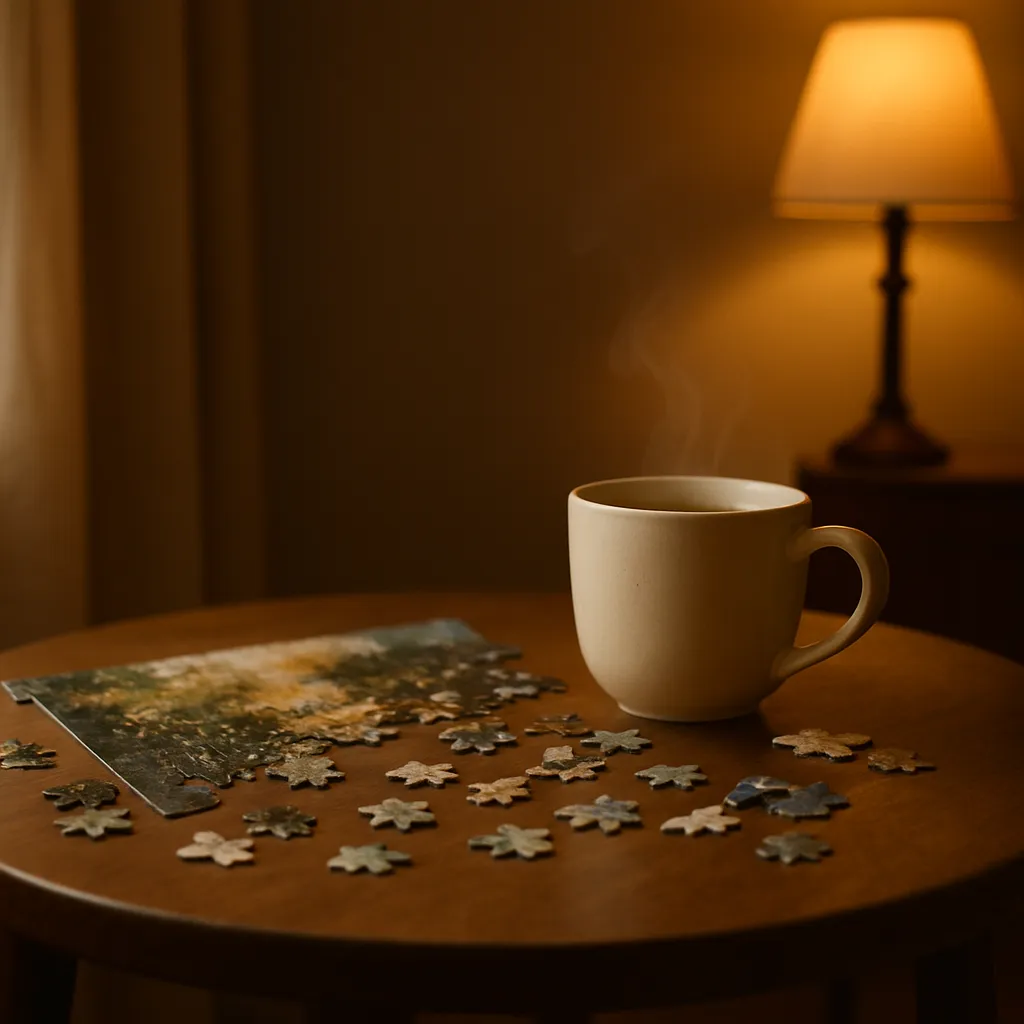 Partially completed jigsaw with a mug of tea beside it.
