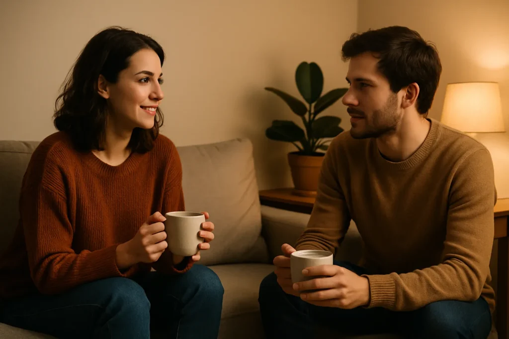 two people sitting on a sofa with mugs, talking more deeply in a calm, intimate setting