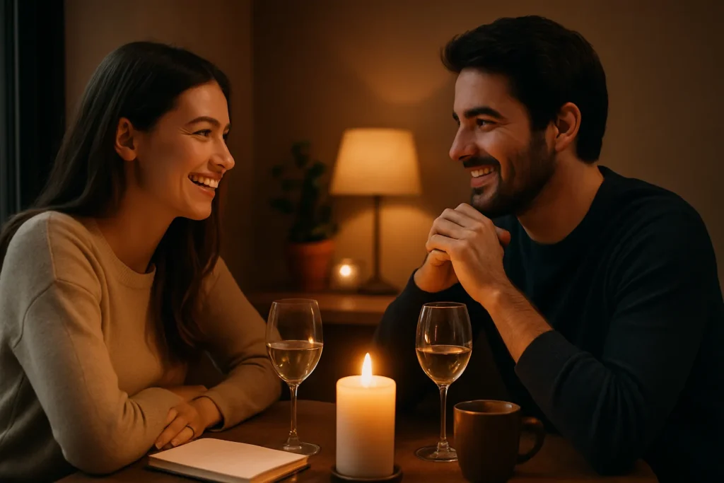 couple on a relaxed dinner date, smiling and talking across a small table with soft lighting