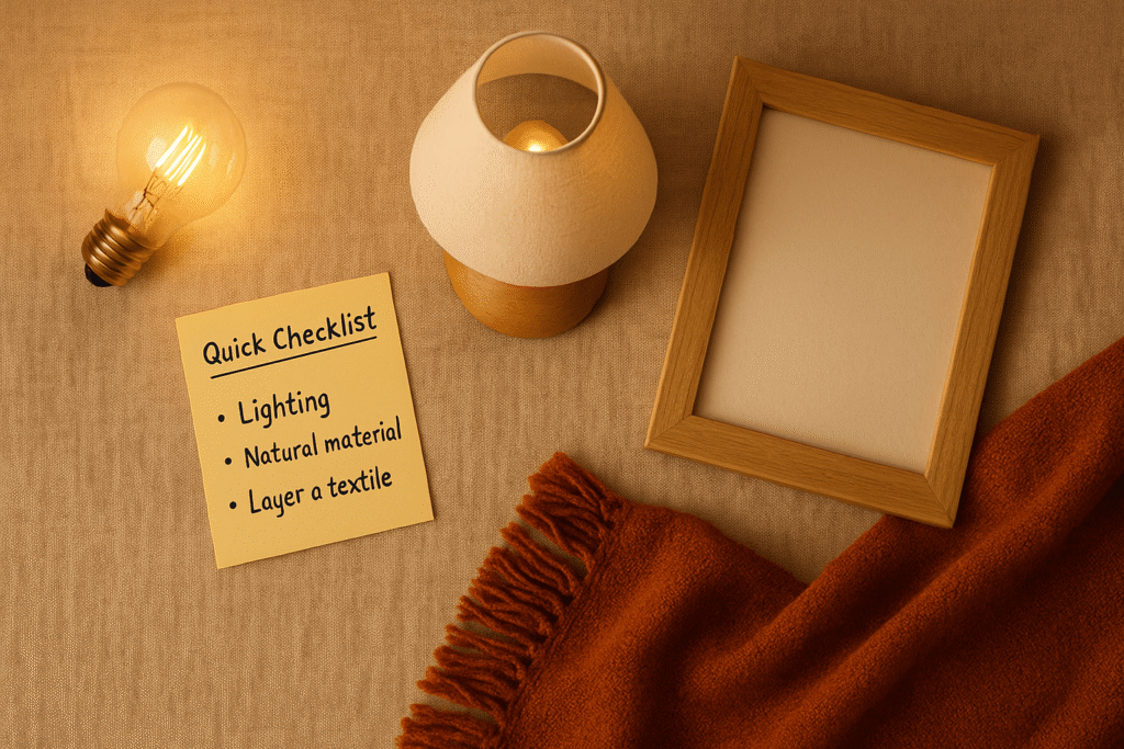 quick checklist for warm apartment aesthetic ideas with lighting wood and textiles