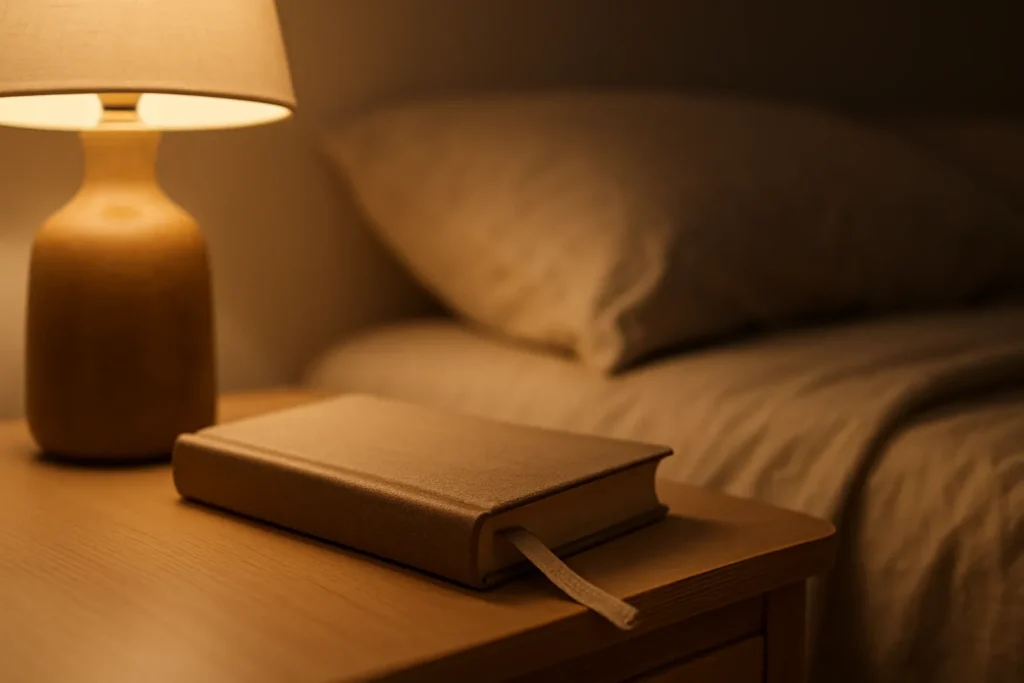 Closed paperback with a fabric bookmark resting beside a warm bedside lamp on neutral linens (1600×900).
