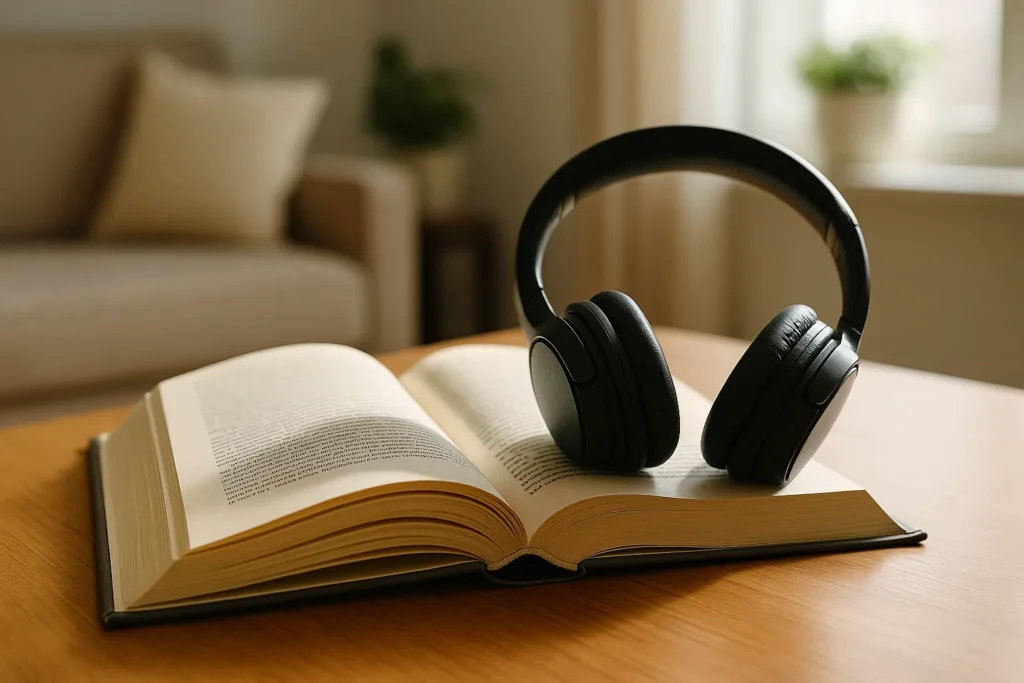 open book lying on a wooden table with black headphones resting on top in a bright cozy living room