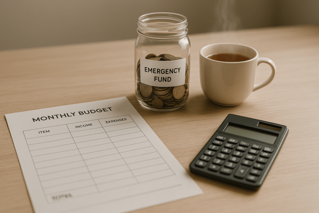 Simple budgeting scene to rebuild financial and emotional stability.