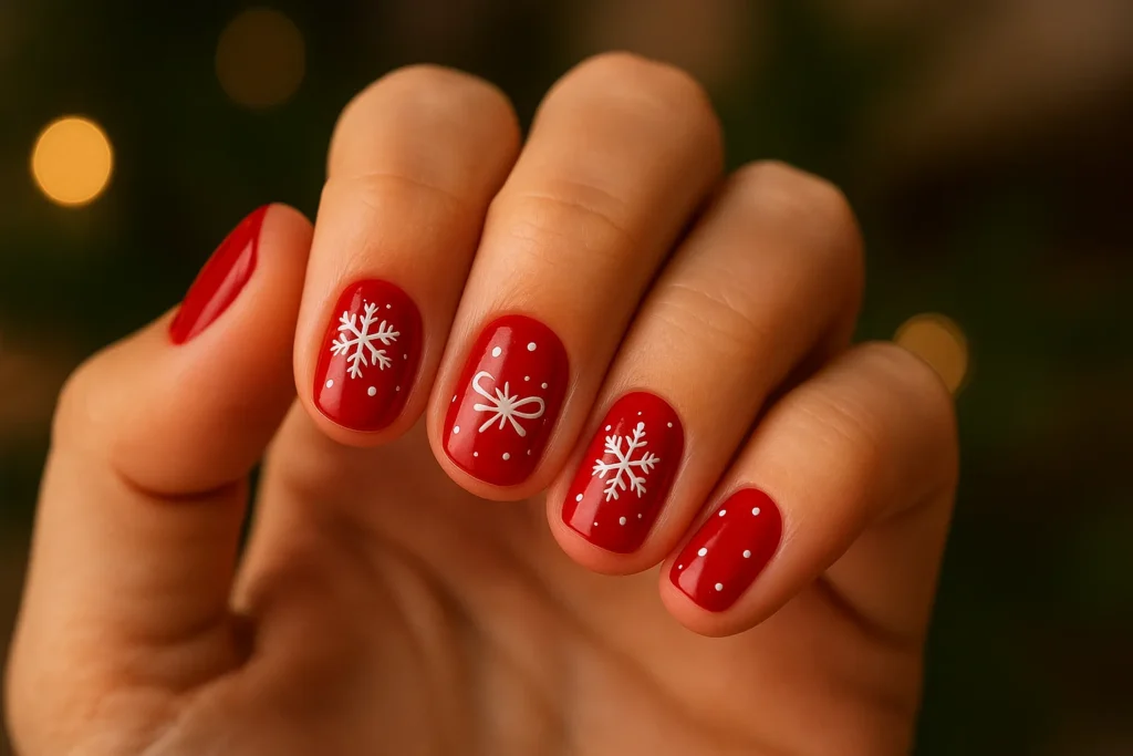 Glossy red holiday nail art with snowflakes and a bow, created as inspiration for yourselflovehub.com.
