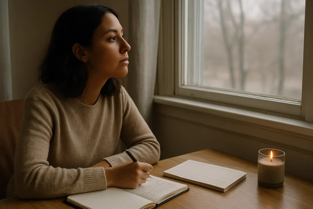 Horizontal photo of a woman sitting at a wooden desk by a window on a cloudy November day, gazing outside thoughtfully with an open journal, planner, and lit candle in front of her.
