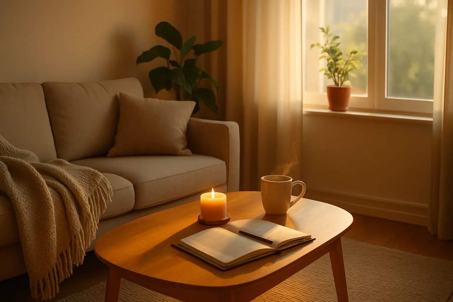 cozy living room at golden hour with a sofa, blanket, lit candle, steaming mug, and open journal on a wooden coffee table, calm reset mood
