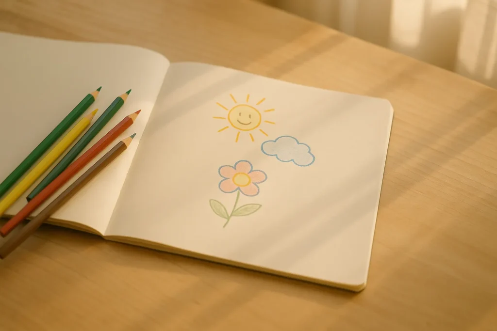 Colored pencils and a playful doodle in an open sketchbook on a sunlit table (1600×900).
