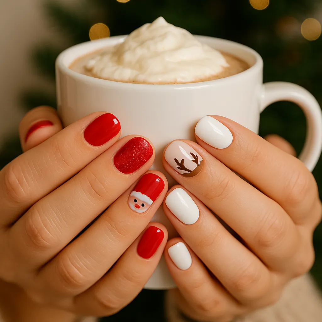 Fun Santa and reindeer manicure on short nails while holding hot cocoa, used in a festive guide on yourselflovehub.com.