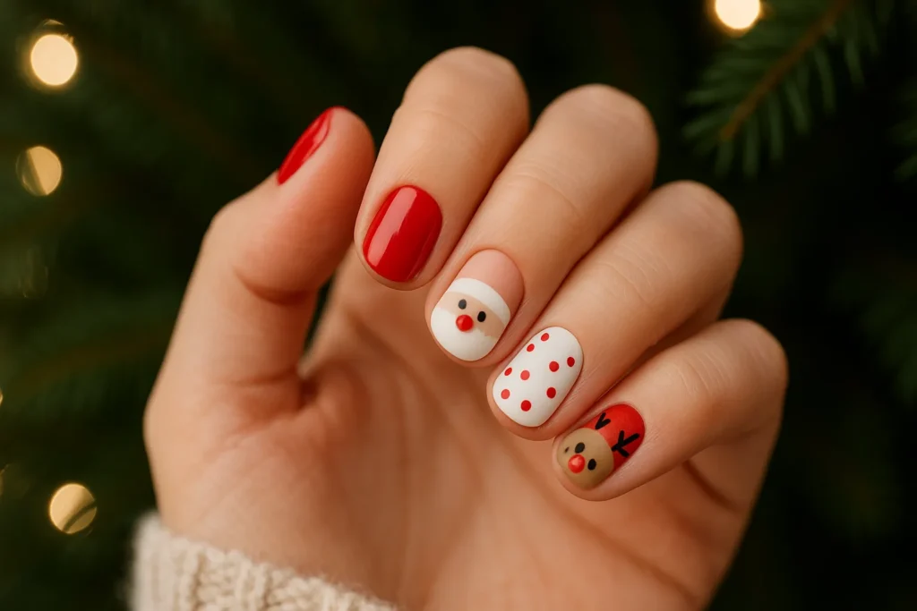 Playful Christmas nails for short nails with Santa and Rudolph character details.