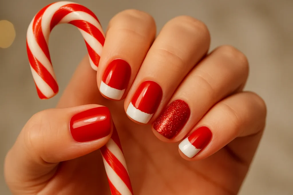 Cute Santa suit Christmas nails for short nails with white trim and red glitter.