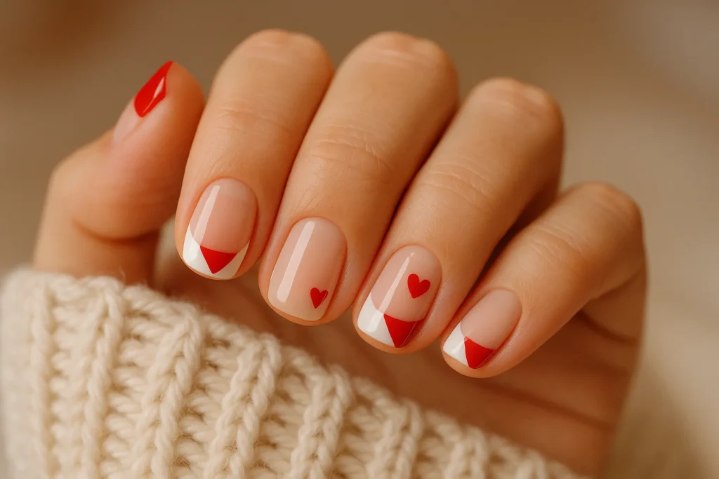 French-tip Christmas nails for short nails with Santa hat-inspired tips and hearts.