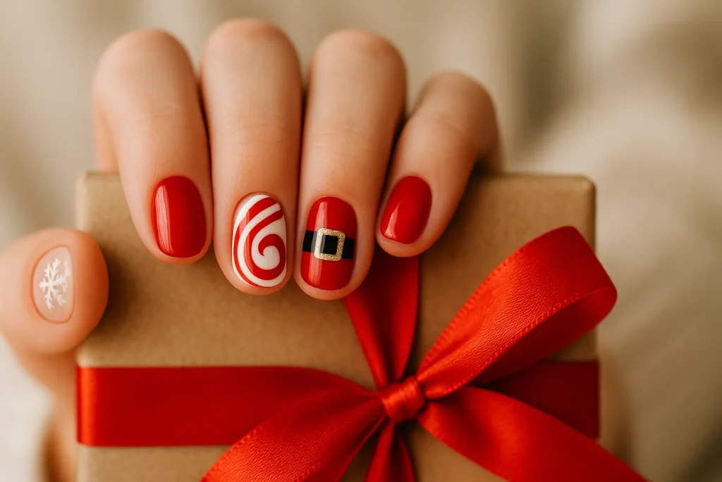 Playful Christmas nails for short nails with Santa belt, snowflake, and candy-cane details.