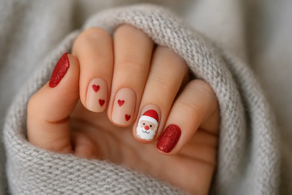Romantic Christmas nails for short nails with hearts, red glitter, and a Santa accent.