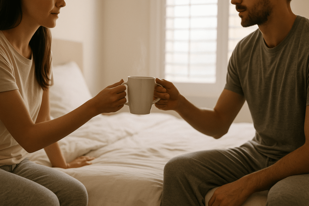 couple sharing a calm good morning moment with gentle daylight