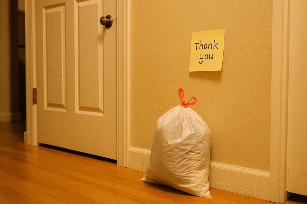 everyday gratitude note for a small household task—trash bag by the door with a “thank you” sticky note, warm hallway light