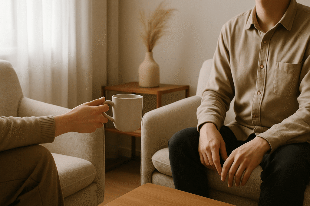 intimate conversation setup encouraging honest answers instead of “I’m fine”