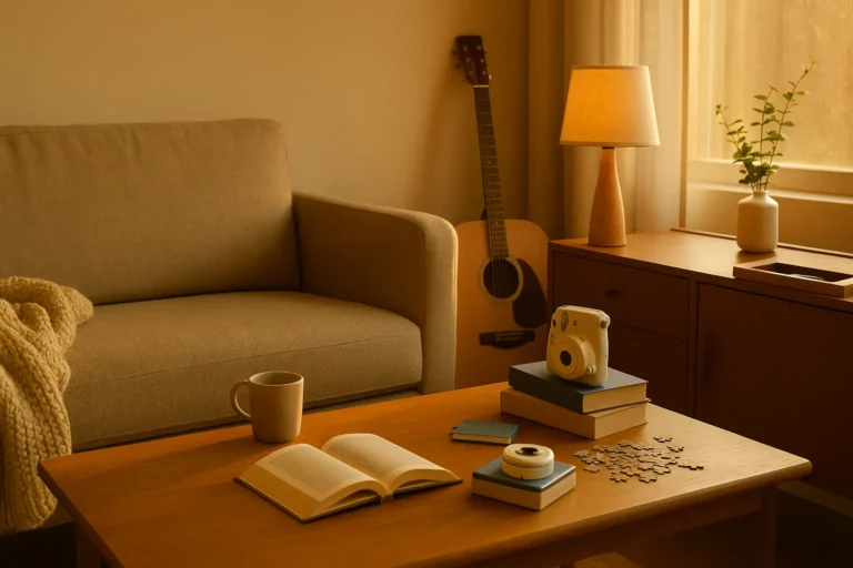 Golden-hour living room with books, instant camera, puzzle pieces, guitar, and a steaming mug—inviting an unplugged evening.