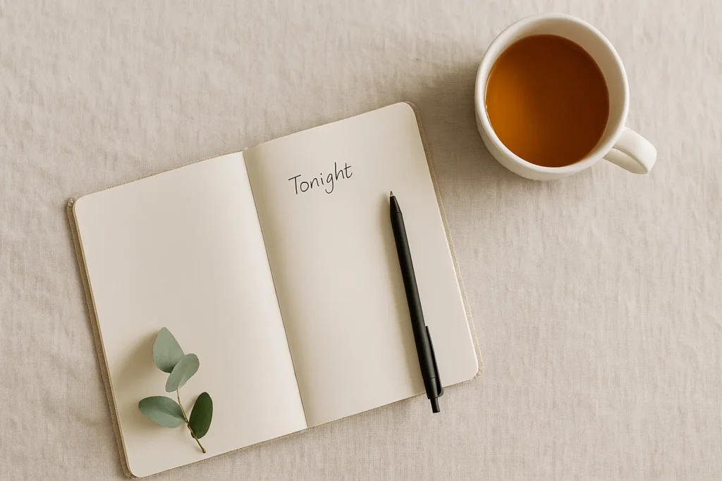 Minimal flat-lay with notebook titled “Tonight,” pen, tea, eucalyptus.
