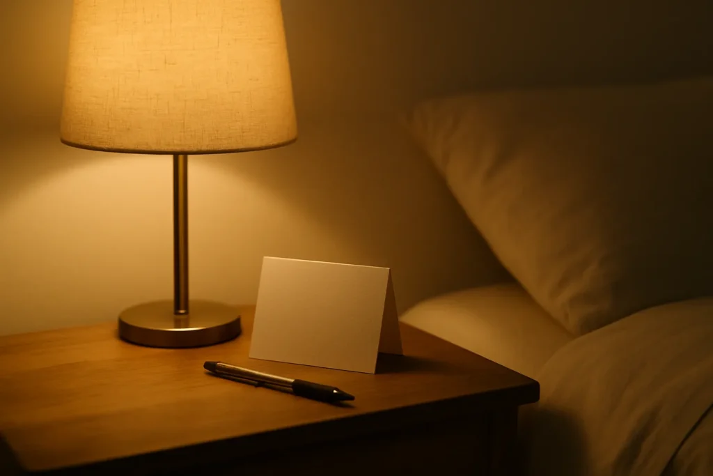 Warm nightstand scene with lamp, blank folded card, and pen
