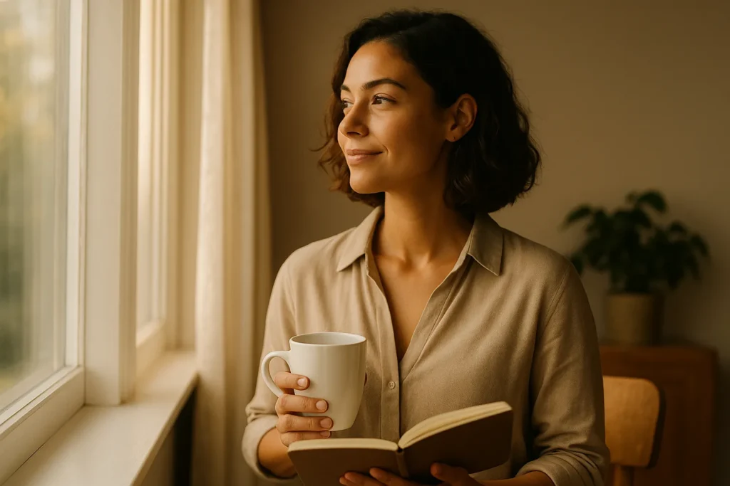 woman standing by a bright window holding a mug and small journal, looking out with a calm confident smile as she feels grounded in who she is
