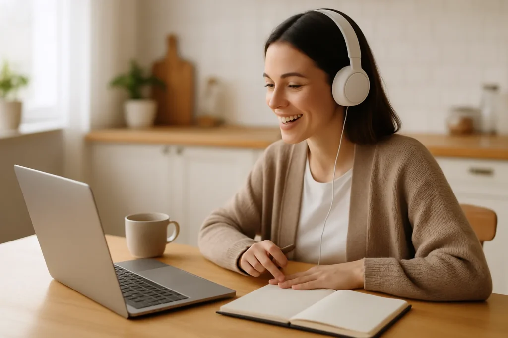 woman on a video call at her laptop, offering online services from home with a calm, flexible setup