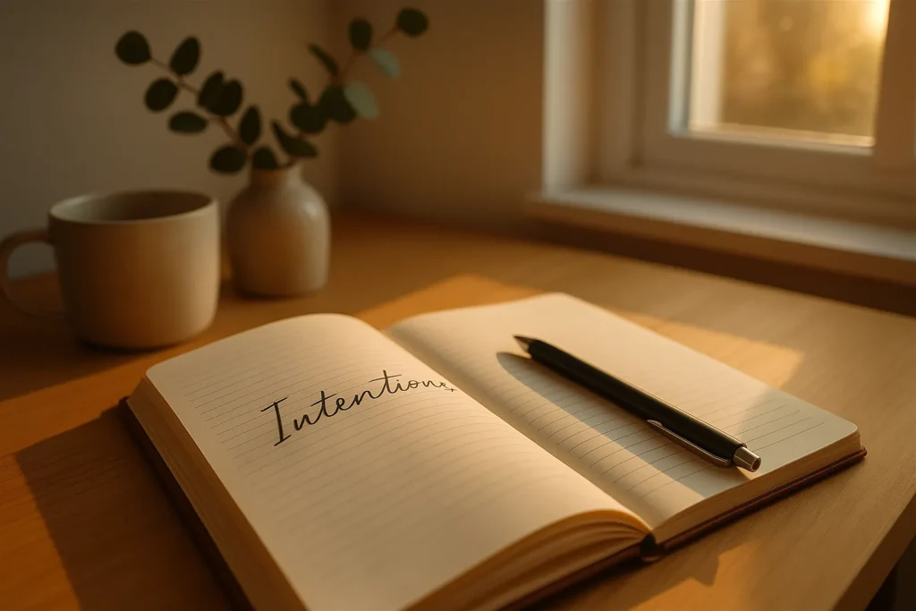 open weekly notebook on a wooden desk with a pen, eucalyptus in a small vase and a mug by a sunlit window, calm space for setting gentle intentions