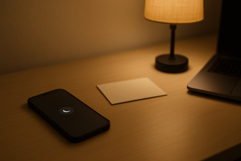 simple boundary scene with a phone on Do Not Disturb and a blank notecard under warm lamplight