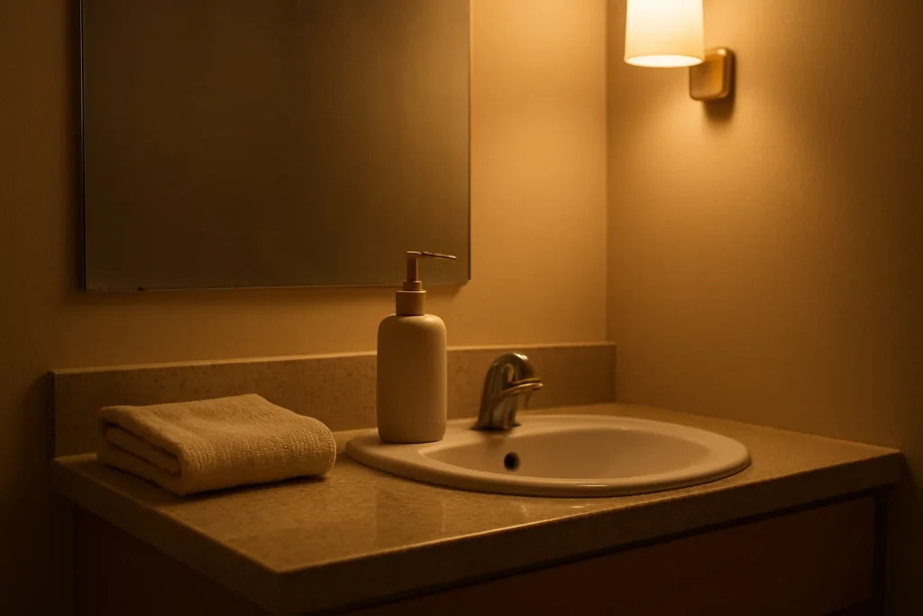Bathroom sink with a folded towel, simple pump bottle, and warm sconce glow—spa-like and uncluttered (1600×900).
