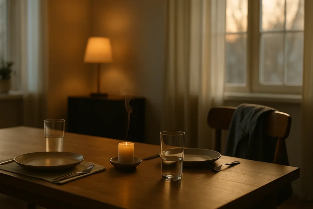 Two place settings on a warm, softly lit dining table with a small candle and a jacket on the empty chair—hinting that recycled moments are comparing you to his ex.