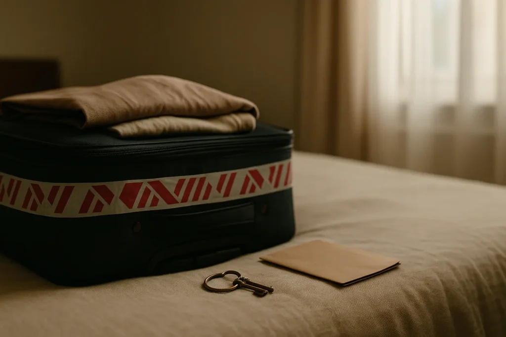 Horizontal photo of a half-packed suitcase on a bed with keys and a passport sleeve nearby—symbolizing old baggage entering a new relationship.