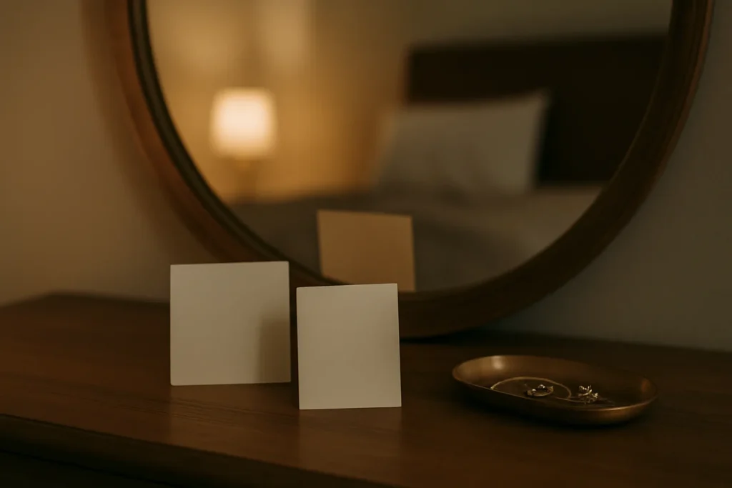Horizontal photo of a dresser with two blank note cards, a jewelry tray, and a mirror reflecting a softly lit room—suggesting praise layered with comparison.