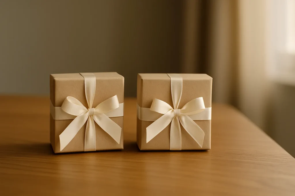 Two nearly identical gift boxes with cream ribbons on a wooden table, hinting that recycled traditions are comparing you to his ex.