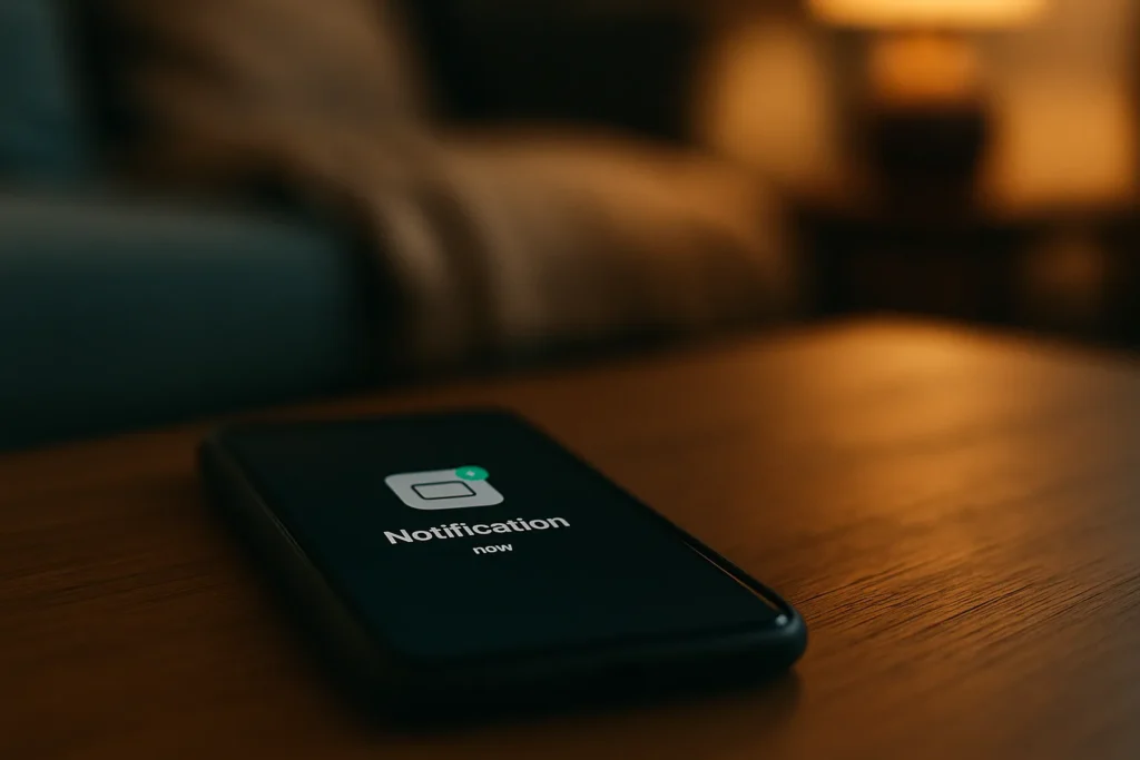 Horizontal photo of a smartphone on a wooden table with a single generic notification on the lock screen, while a warm lamp blurs in the background.