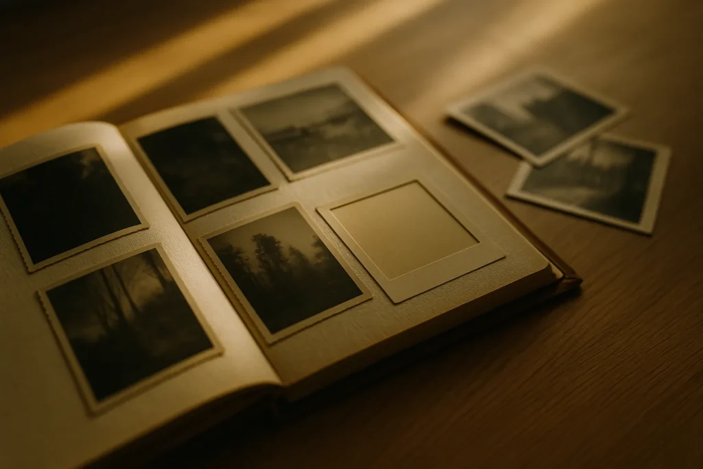 Horizontal photo of an open album with one empty photo slot and scattered prints—hinting at selective memory that fuels comparison.