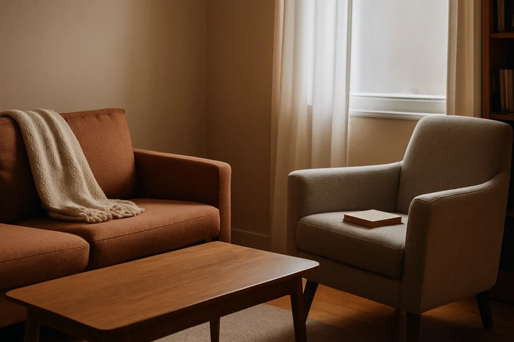 Horizontal photo of a cozy living room with a sofa and an armchair angled apart, a throw on the sofa and a closed book on the chair—suggesting muted support.