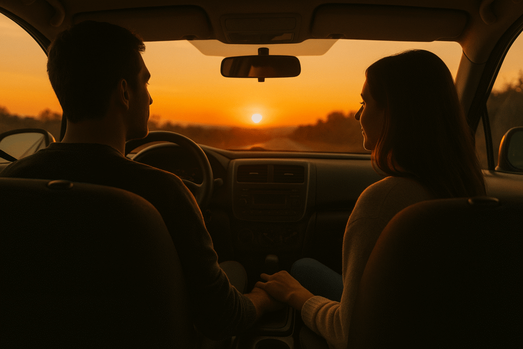 Sunset drive—partners ride quietly hand-in-hand, warm orange light through the windshield, peaceful silhouettes, road fading ahead.