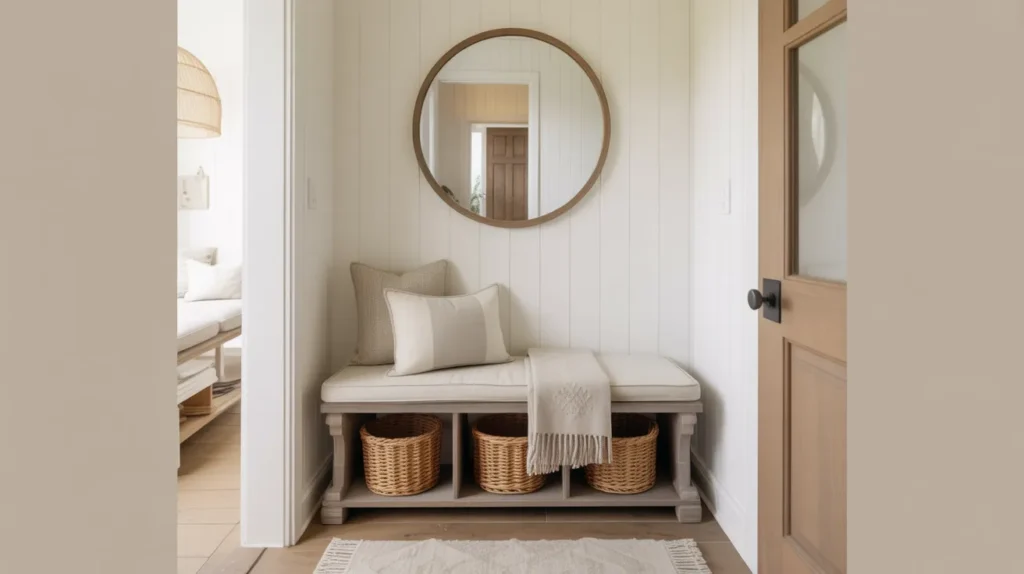 Farmhouse mudroom vignette with a round wood-framed mirror, cushion and folded throw on the bench, and a soft runner on the floor, styled in the calm, neutral look of yourselflovehub.com.