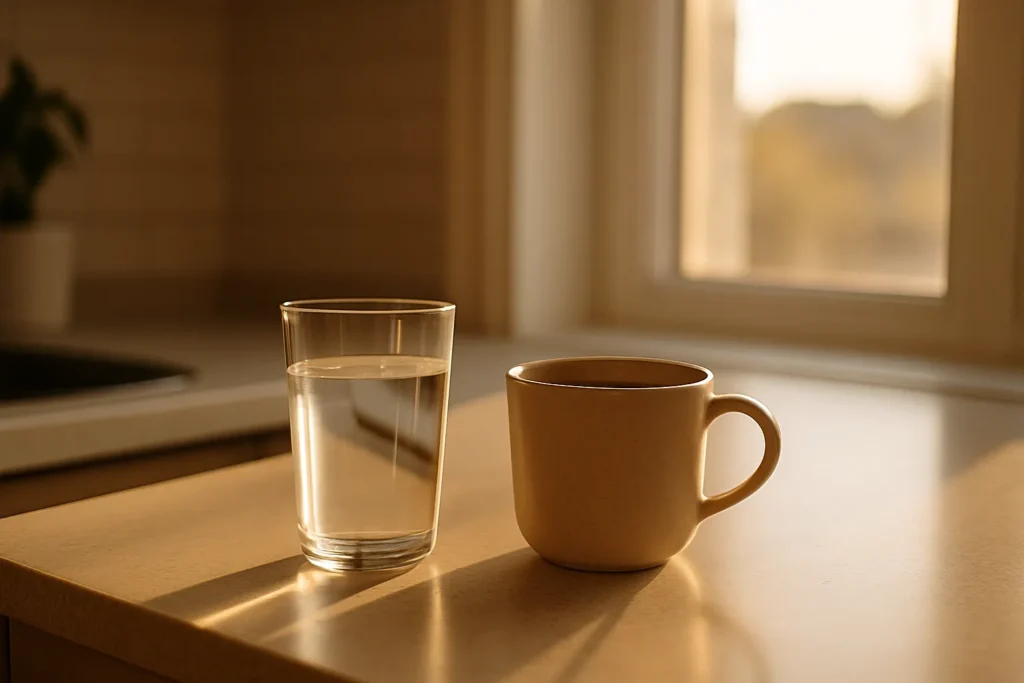 glass of water and coffee mug side by side on a sunlit kitchen counter showing the choice between hydrating first or going straight to caffeine in the morning