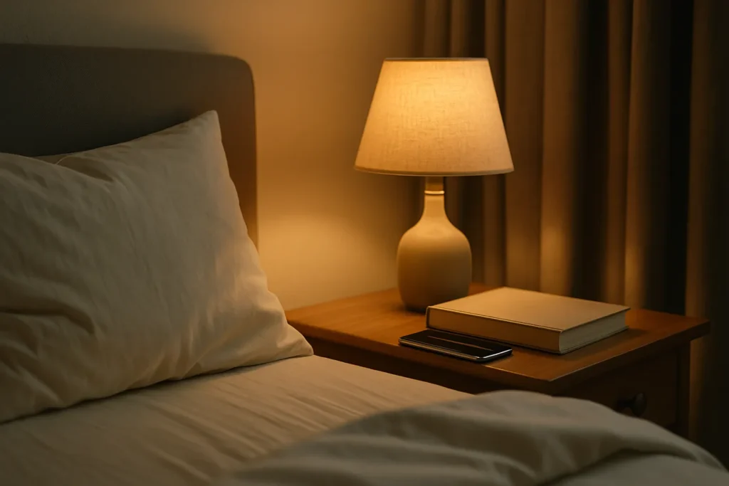 horizontal cozy bedroom with a warm bedside lamp, closed book, and phone set aside on a wooden nightstand next to soft white bedding, calm screen-free sleep routine