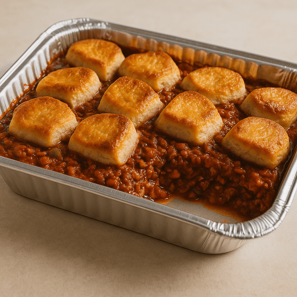 sloppy joe casserole in a foil pan with a crisp, golden topping—freezer-friendly make-ahead dinner