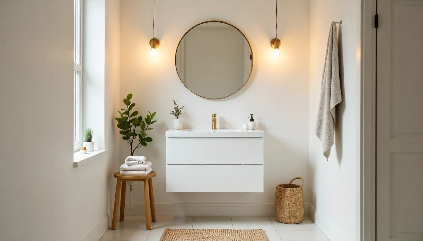 A bright, cozy small bathroom showing simple Small Bathroom Updates with a new mirror, warm lighting, a woven rug, and fresh towels.