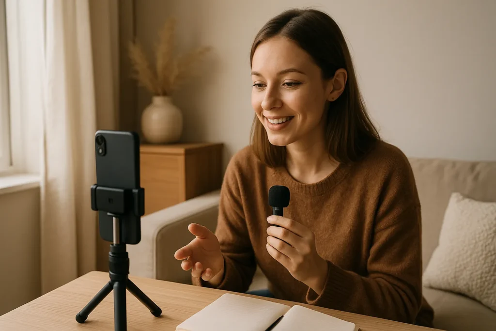 woman recording a short video at home with a phone on a mini tripod, looking relaxed and confident