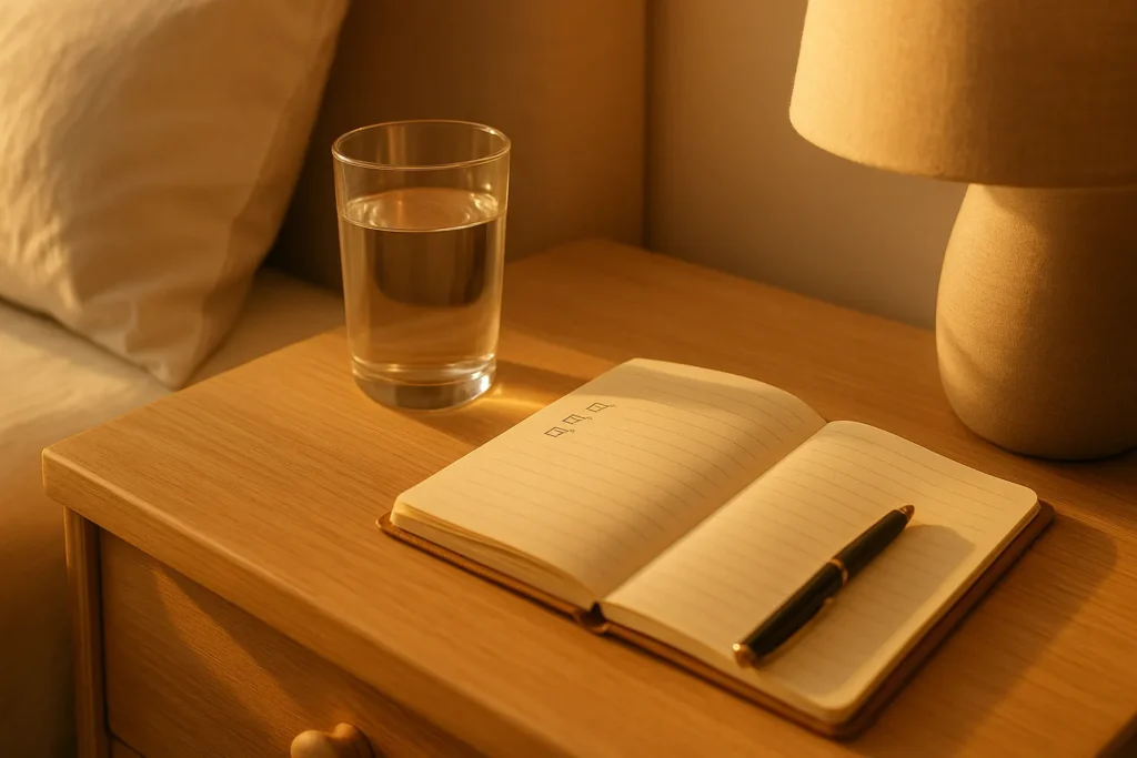 small sunrise bedside scene with a glass of water, open notebook, and lamp showing an easy morning win