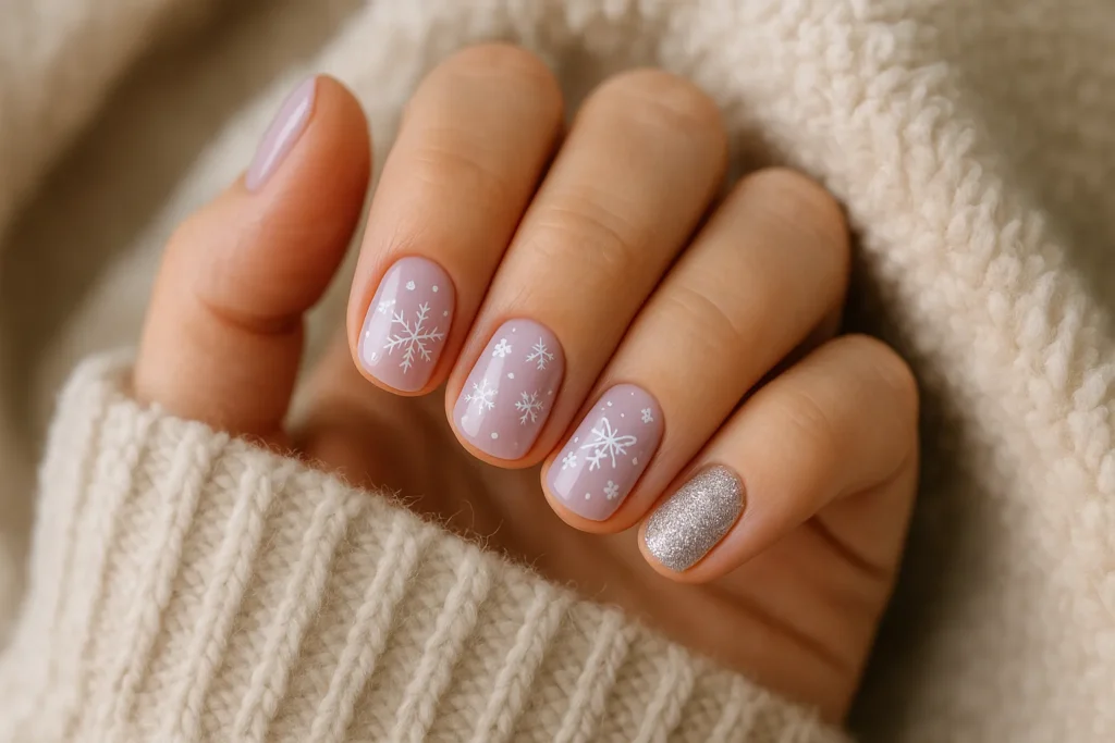 Sparkly lilac and silver snowflake nail design photographed for yourselflovehub.com.