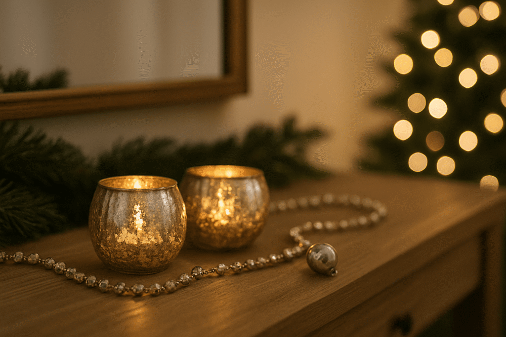 Subtle holiday sparkle—two mercury-glass votives with a beaded garland on a wooden console.