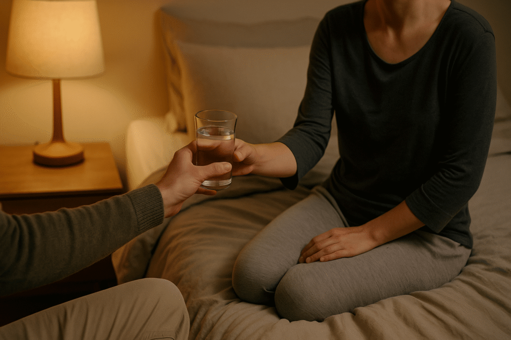 soft tone and caring gestures during a difficult conversation—glass of water offered at the bedside, warm lamp glow, respectful distance